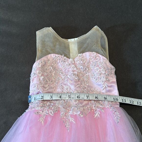 Girls Pink Formal Party Flower Girl Dress High Low Zip Back Beaded Bodice Size 3 - Picture 5 of 9